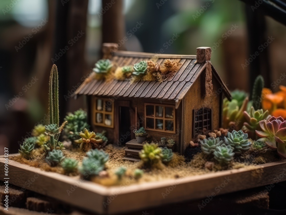 Fantasy Miniature home flowers succulents and cactus in the garden Created with Generative AI technology