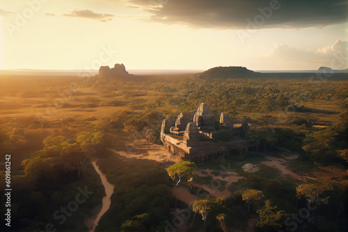 Cambodia landscape with temple and river. Generative AI Art. Beautiful view.