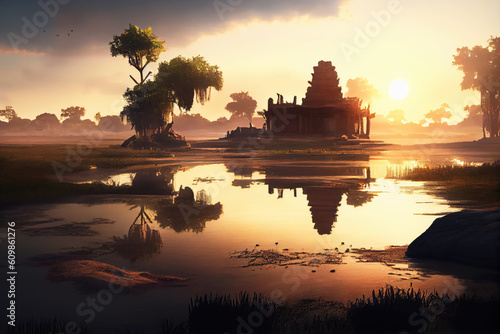 Cambodia landscape with temple and river. Generative AI Art. Beautiful view.