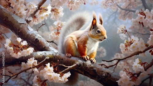 little squirrel on branches, tree, white flower Generative Ai