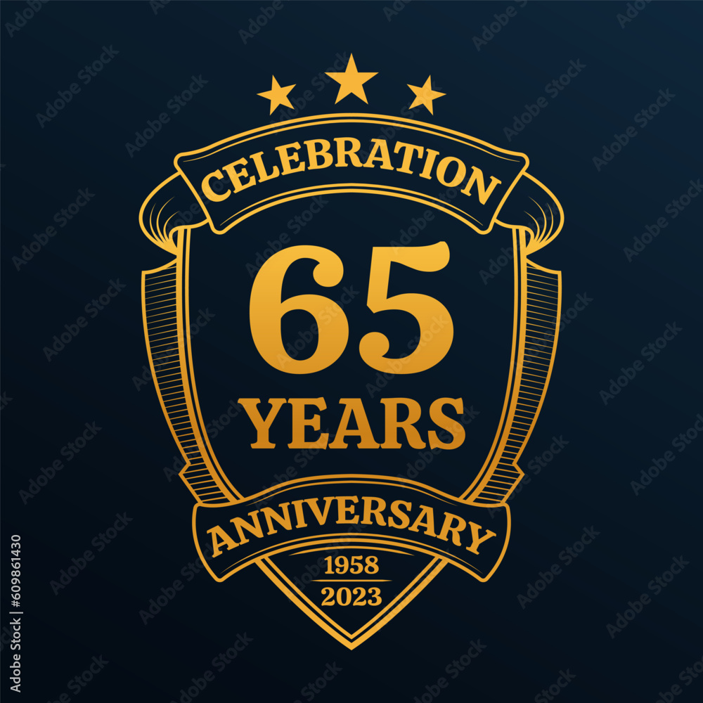 65 years anniversary icon or logo. 65th yubilee celebration, business company birthday badge or label. Vintage banner with shield and ribbon. Wedding, invitation design element. Vector illustration.