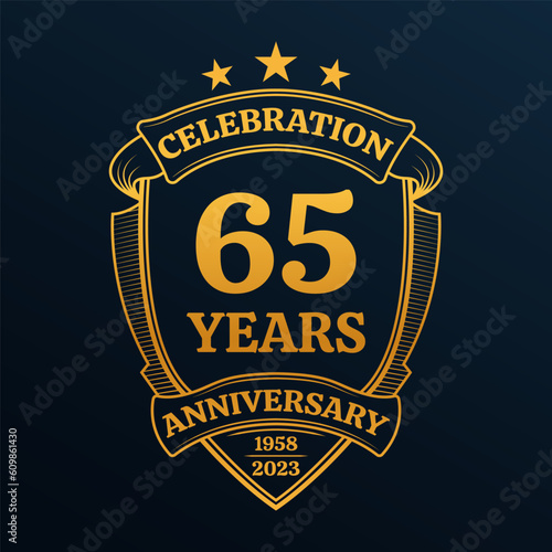 65 years anniversary icon or logo. 65th yubilee celebration, business company birthday badge or label. Vintage banner with shield and ribbon. Wedding, invitation design element. Vector illustration.