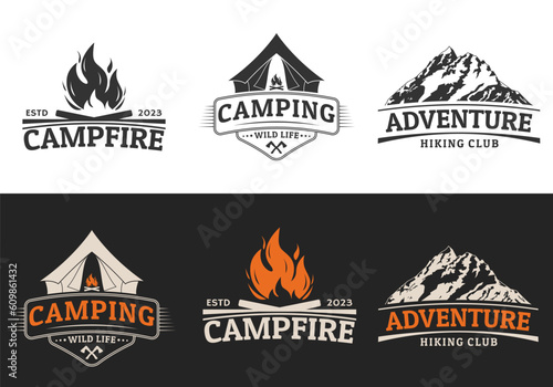 Camping, adventure, outdoor logo, label or badge set. Camp or tourist tent, mountains and campfire. Vintage typography design. Vector illustration.
