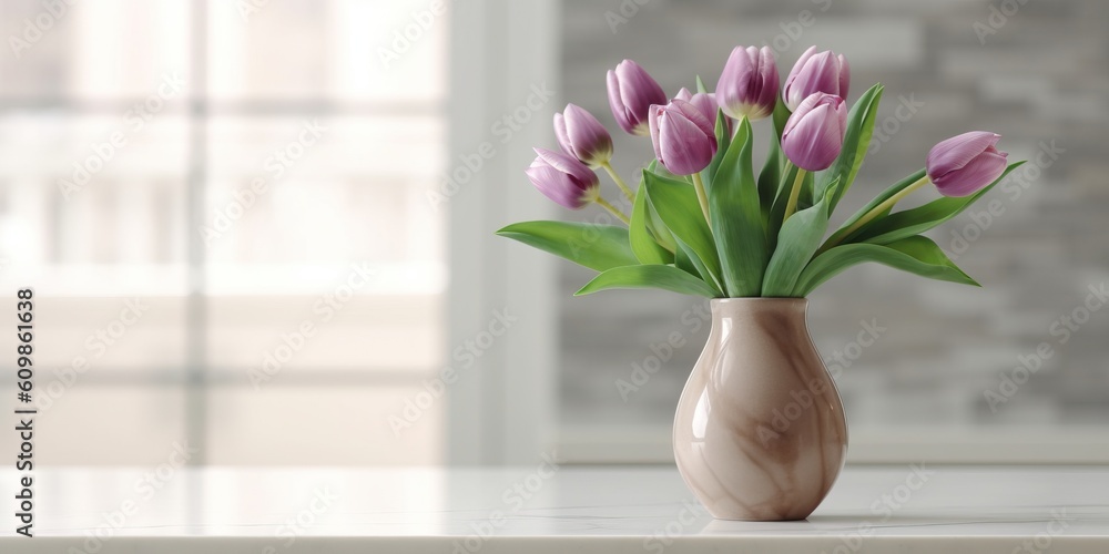 Beautiful vase of tulip flowers on the table with light exposure Beautiful vase of tulip flowers on the table with light exposure