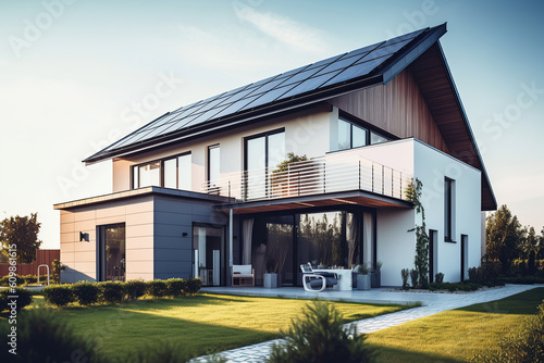 Image of a luxury family home with solar panels on the roof and its front yard. © Stock Rocket
