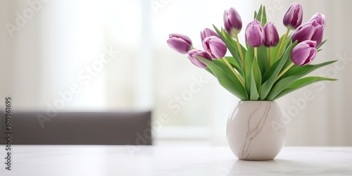 Beautiful vase of tulip flowers on the table with light exposure © Tebha Workspace