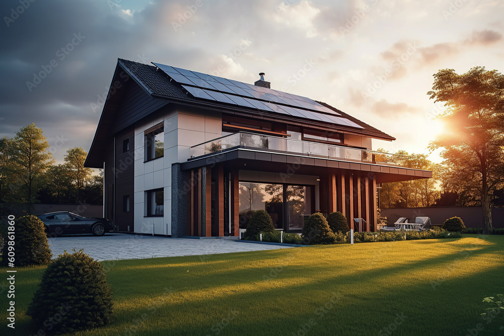 Image of a luxury family home with solar panels on the roof and its backyard at sunset.