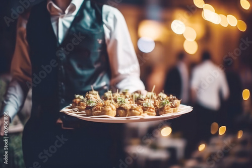 Waiter carrying a plate with delicious vegetarian food on some festive event, party or wedding reception photo