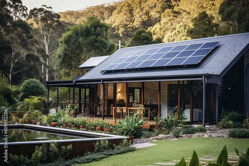 Image of a luxury modern cottage with solar panels on the roof in the hills.