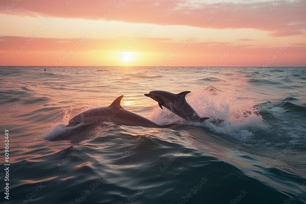 Fototapeta premium dolphins jumping from the sea on the pink violet sunrise Generative AI