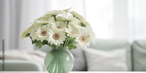 Beautiful vase of gerbera daisy flowers on the table with light exposure AI Generative