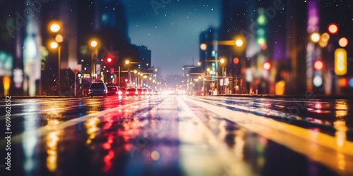Bokeh street lights at night  blurry city traffic colors background