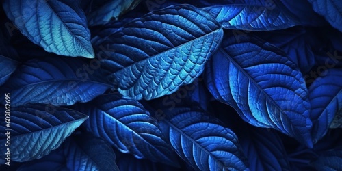 Botanical background of macro leaf texture patterns in deep dark pacific blue color, wide banner size