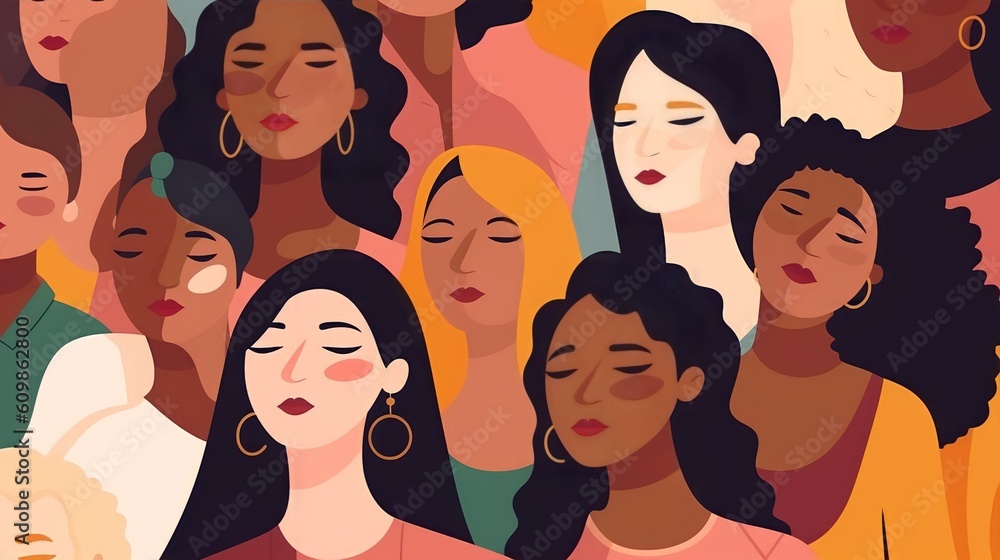 Vector illustration of a diverse group of beautiful women with natural beauty and glowing smooth skin, Generative AI