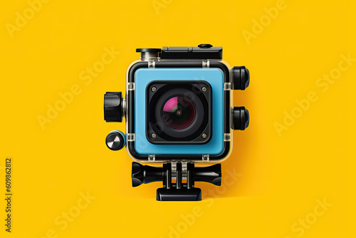 Action camera in waterproof case on yellow background Generative AI