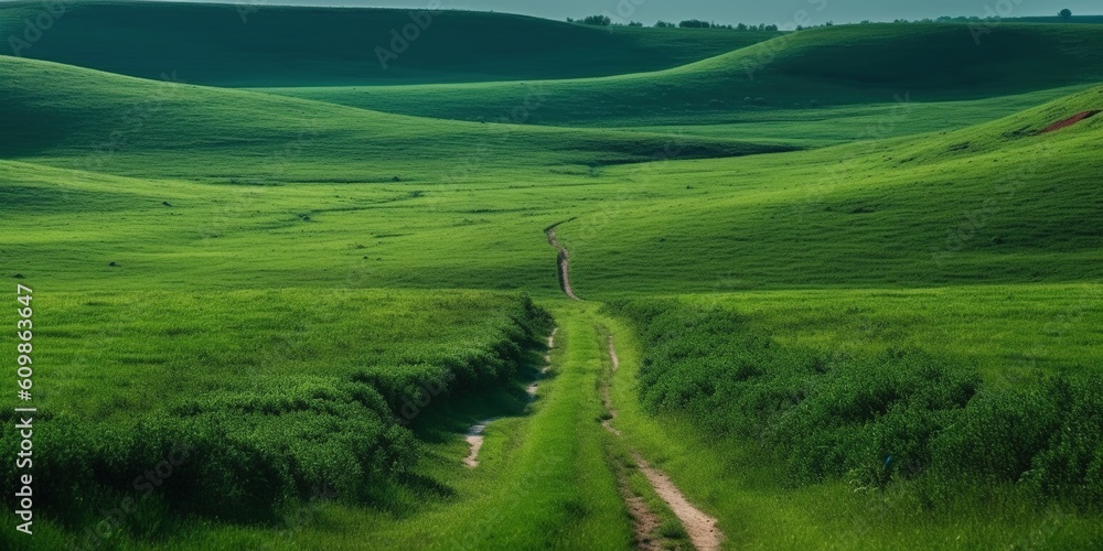 Endless road along green grassland