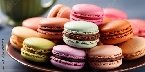 Exquisite plate of food. Tasty colorful french macaroons or french cookie macaron.