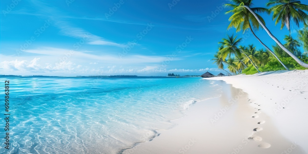 Foot print on the shore of tropical beach with white sand and turquoise sea with palm trees