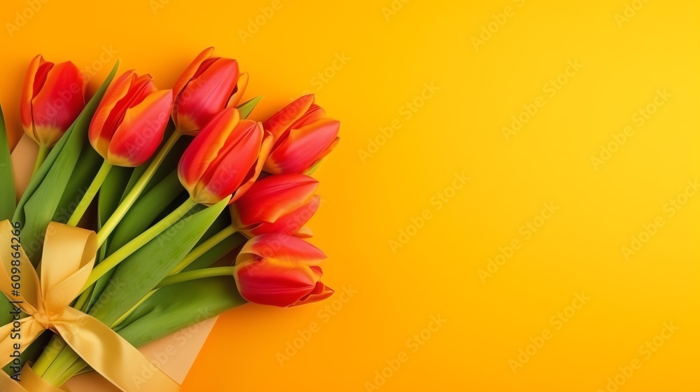 Fototapeta premium bouquet of beautiful tulips on a one color background with a space for copy - generative ai