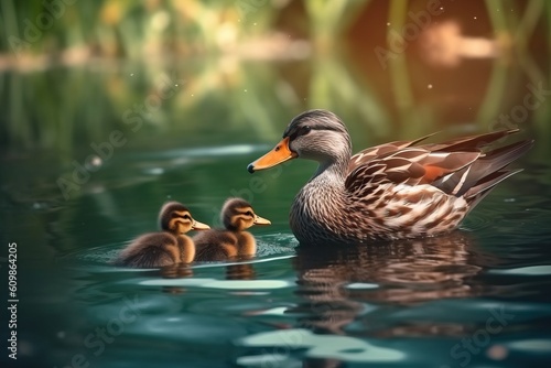 Portrait mallard ducks with their chicks on the water with light exposure AI Generative