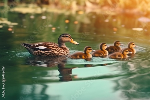Portrait mallard ducks with their chicks on the water with light exposure AI Generative © Tebha Workspace