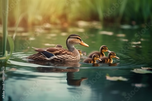 Portrait mallard ducks with their chicks on the water with light exposure AI Generative