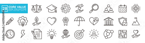 Core values icon set, filled with target, inspiration, energy, success, connection, editable and resizable vector icons EPS 10.