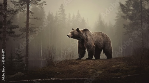 a brown bear stands in a forest Generative Ai © breezystatus