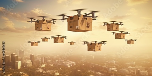 Package cardboard box drones fly above sky, business concept and air transportation industry