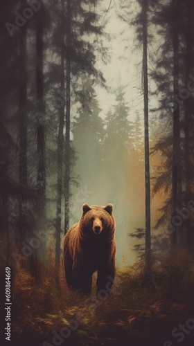 a brown bear standing in among the trees Generative AI
