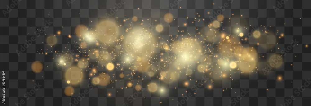 Bokeh lights effect isolated on png background. Soft blured bokeh and lights. Festive golden luminous background. Vector Christmas concept isolated on transparent background - obrazy, fototapety, plakaty 