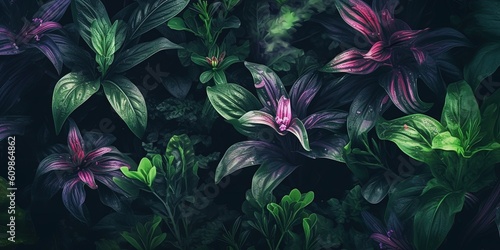 Plants moody background, flowerbuds and leaves texture, wide banner size