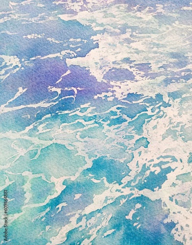 青い海と白い波しぶきの美しい水彩画