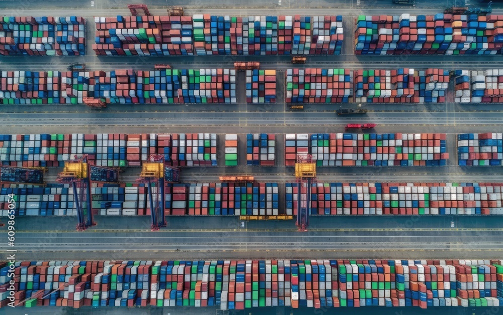 Aerial view of Containers yard in port congestion with ship vessels are loading and discharging operations of the transportation in international port, Generative AI