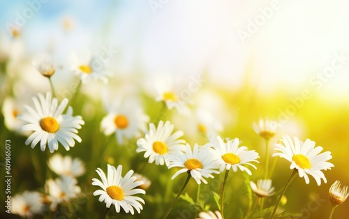 Chamomile field flowers border. Beautiful nature scene with blooming medical chamomilles in sun flare, Generative AI