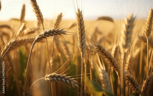 Close up of wheat ears  field of wheat in a summer day. Harvesting period  Generative AI