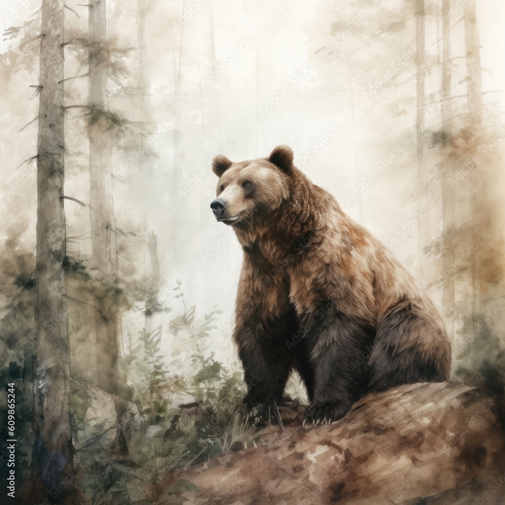 watercolor large brown bear sitting amidst a thick forest Generative Ai watercolor large brown bear sitting amidst a thick forest Generative Ai