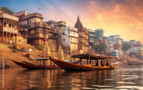 Varanasi city with ancient architecture. View of the holy Manikarnika ghat at Varanasi India at sunset, Generative AI photo