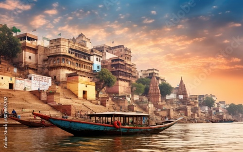 Varanasi city with ancient architecture. View of the holy Manikarnika ghat at Varanasi India at sunset, Generative AI © amankris99
