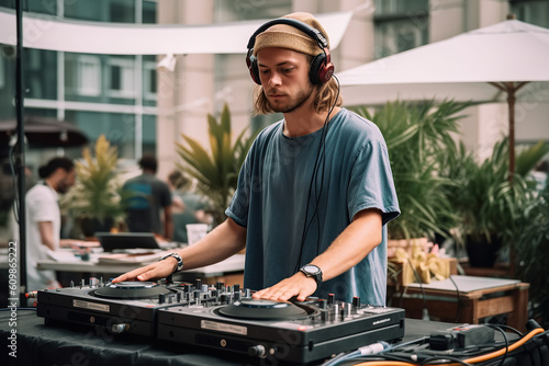man DJ mixes music on mixer board at outdoor summer party. Generative AI