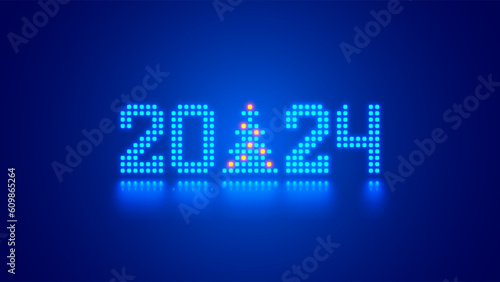 2024 digits, Christmas tree consist glowing pixels in technology style on blue background. New Year card or digital tech calendar poster. Logo of 2024 year hanging over reflection polished surface. photo