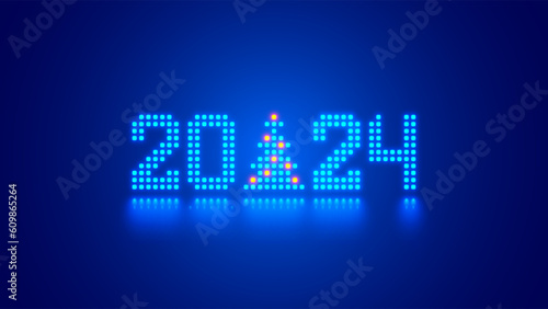 2024 digits, Christmas tree consist glowing pixels in technology style on blue background. New Year card or digital tech calendar poster. Logo of 2024 year hanging over reflection polished surface.