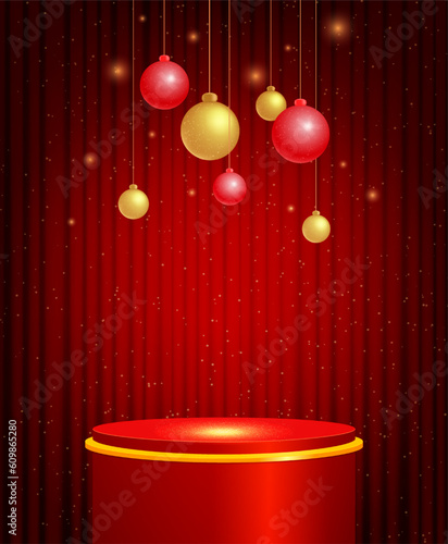 Christmas and New Year vector background with red podium, curtain and hanging balls