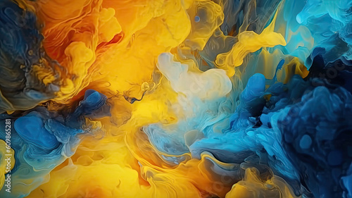 Abstract background of acrylic paint in blue, yellow colors. Generative AI.