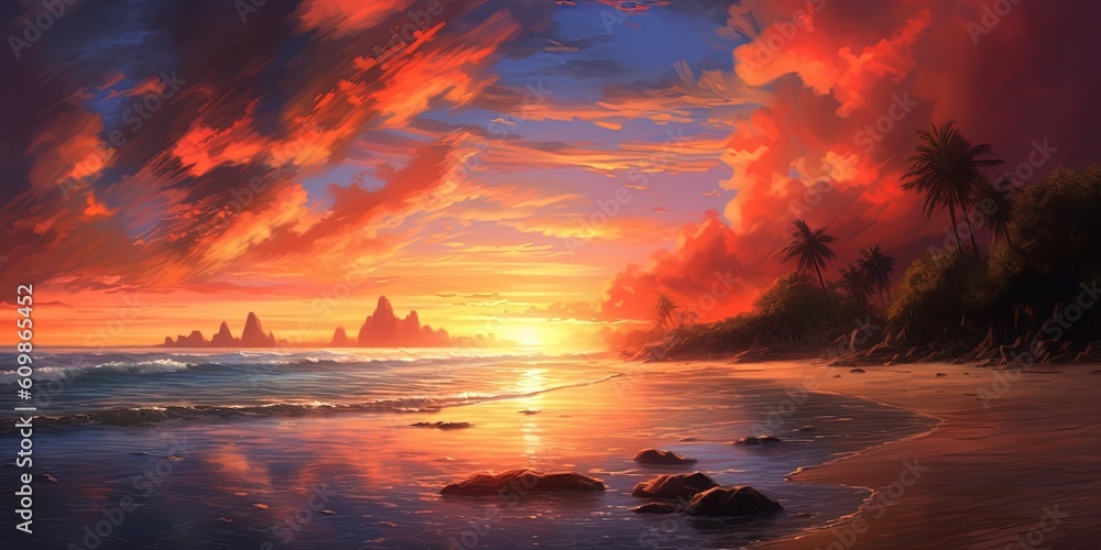 Sunrise in morning with twilight sky, dramatic beach landscape with sunset.