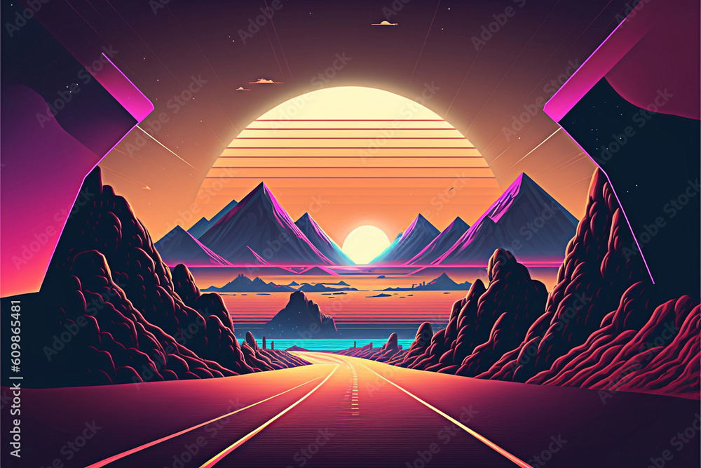 Sunset with mountain's view, Retro Sci-Fi Background Futuristic landscape of the 80s, Digital Cyber Surface