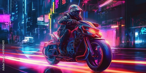 Spectacular digital art of a cyberpunk rider on a future bike or cruiser with a vivid and glowing neon light.