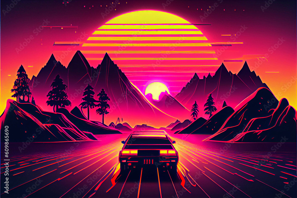 Sunset with mountain's view, Valentine's day, style of synth wave artwork, cinematic color grading