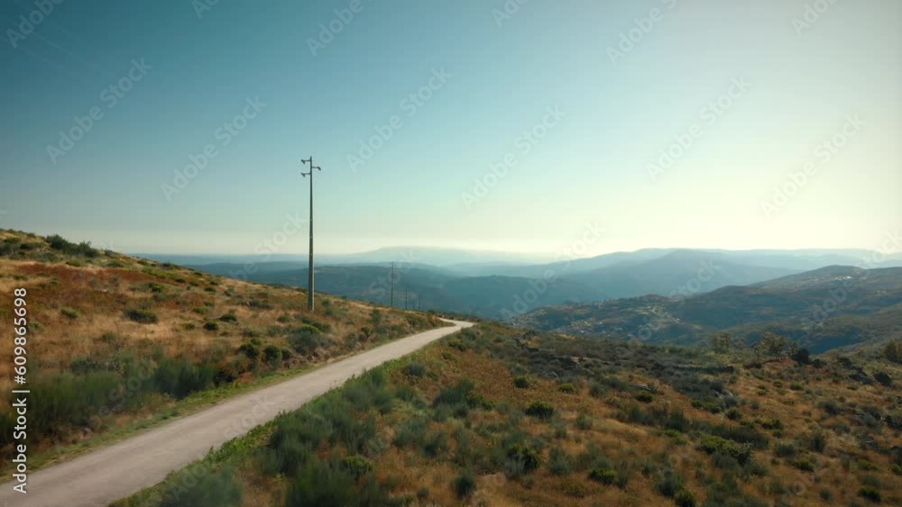 Countryside Mountain Road with Utility Poles on Drone Countryside Mountain Road with Utility Poles on Drone