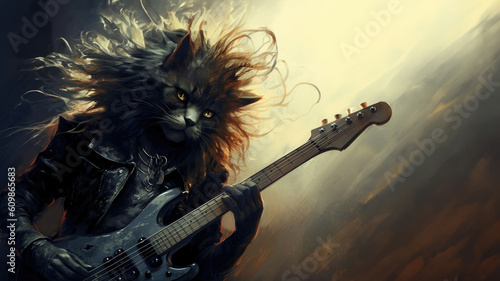 Hard rock metal guitarist cat with unruly long fur hair and cool leather jacket playing an electric guitar on concert stage - insanely wild and unique feline portraiture illustration - generative AI  photo